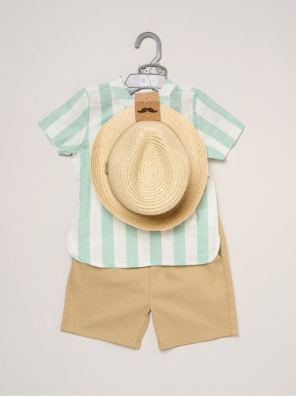 Little Gent Green Woven Stripe Shirt Shorts And Fedora Hat Set image 2