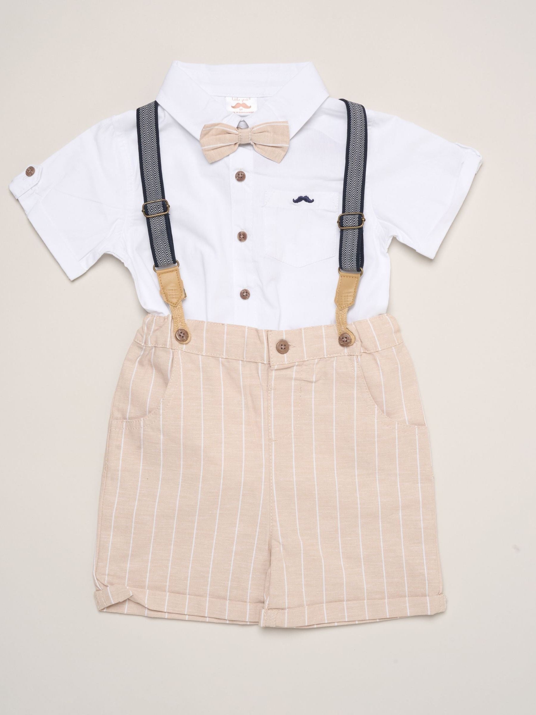 Little Gent Brown Mock Shirt Bodysuit Bowtie And Shorts Set With Braces image 1