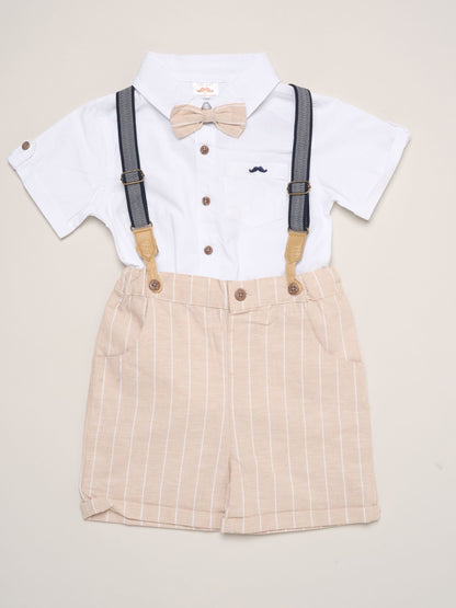 Little Gent Brown Mock Shirt Bodysuit Bowtie And Shorts Set With Braces image 1
