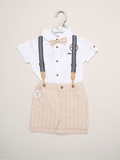 Little Gent Brown Mock Shirt Bodysuit Bowtie And Shorts Set With Braces image 2