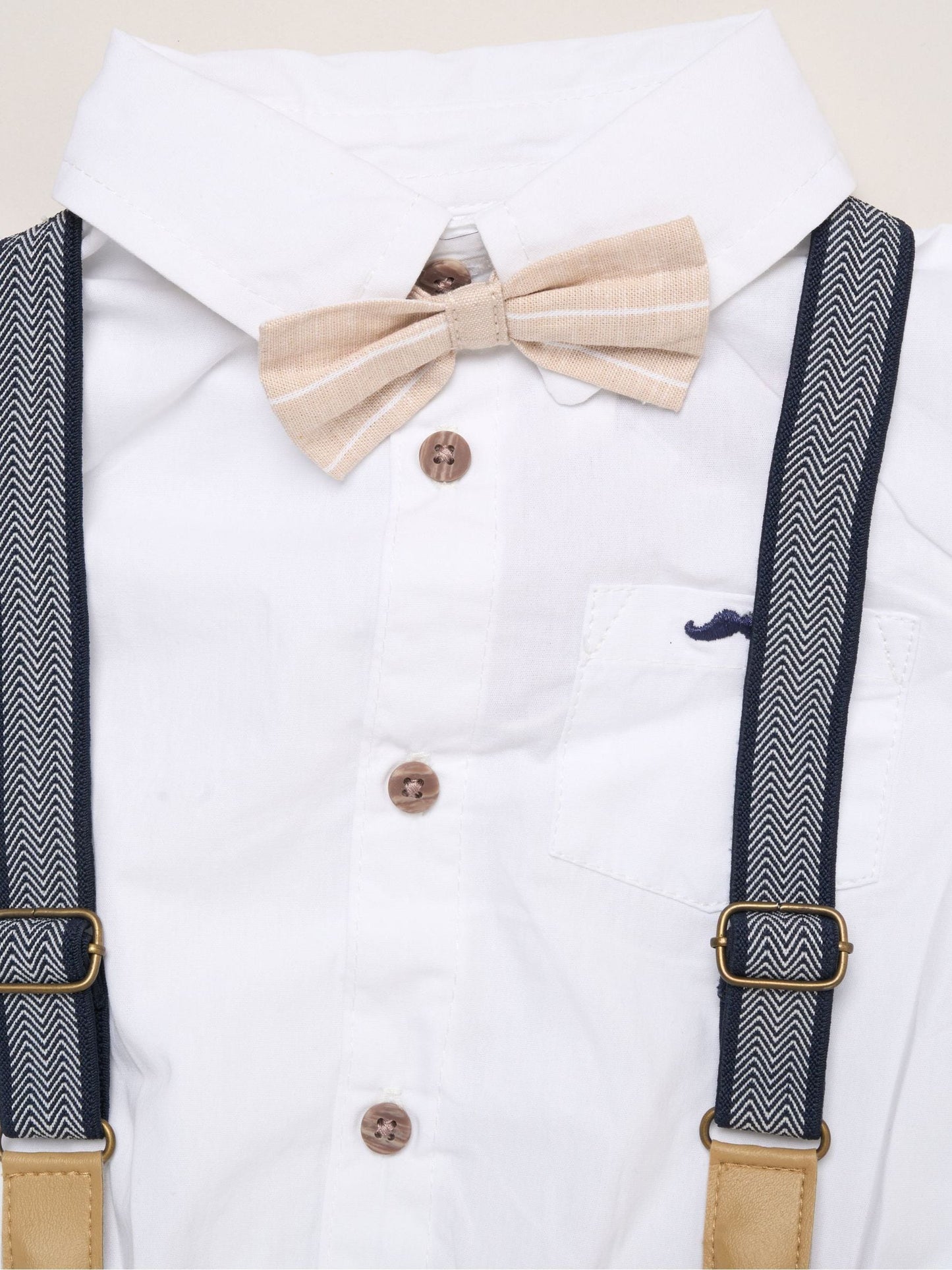 Little Gent Brown Mock Shirt Bodysuit Bowtie And Shorts Set With Braces image 3