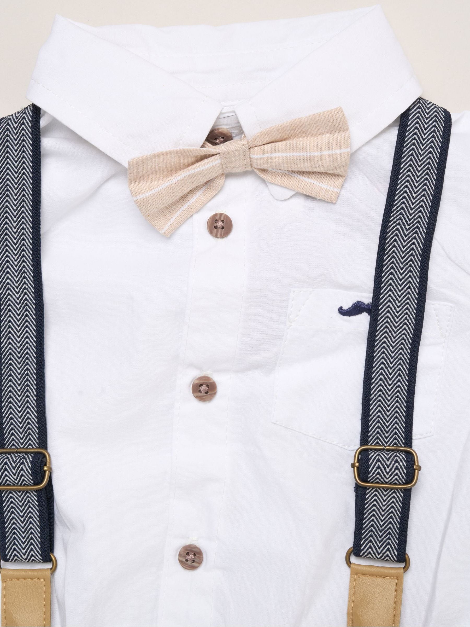 Little Gent Brown Mock Shirt Bodysuit Bowtie And Shorts Set With Braces image 3