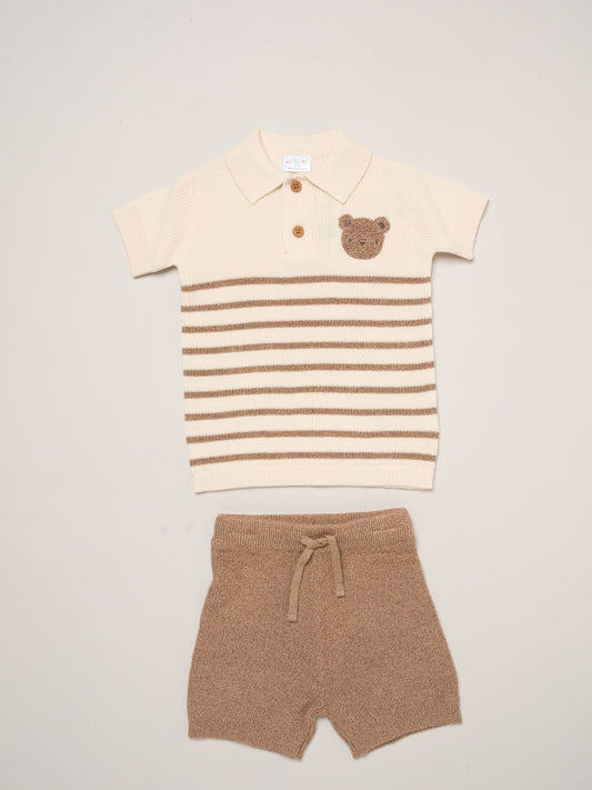 Little Gent Brown True Knit Shirt And Shorts With Crochet Bear Set image 1