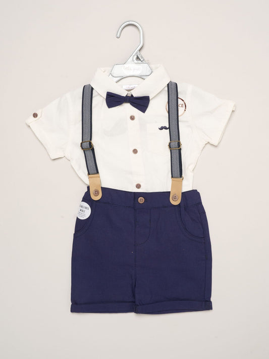 Little Gent Blue Mock Shirt Bodysuit Shorts And Bowtie Outfit Set image 2