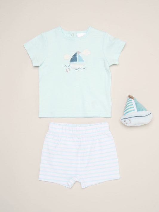 Rock-A-Bye Baby Boutique Blue Boat Print T-Shirt, Shorts And Plush Toy Outfit Set image 1