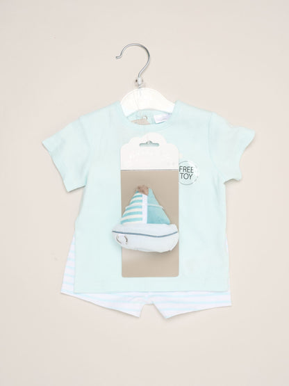 Rock-A-Bye Baby Boutique Blue Boat Print T-Shirt, Shorts And Plush Toy Outfit Set image 2