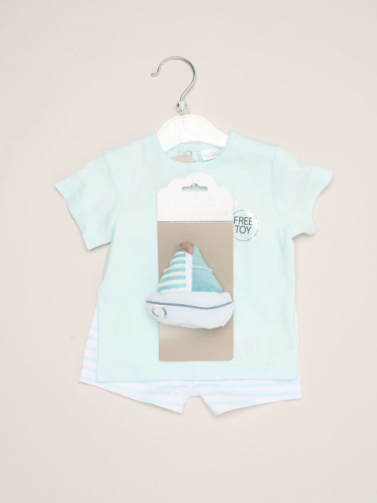Rock-A-Bye Baby Boutique Blue Boat Print T-Shirt, Shorts And Plush Toy Outfit Set image 2