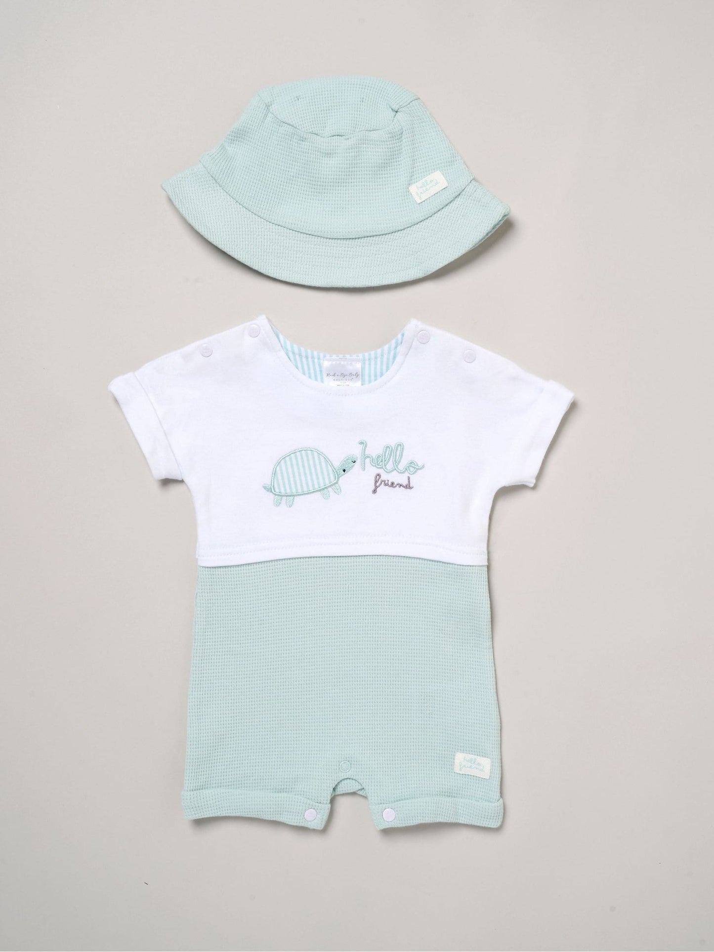 Rock-A-Bye Baby Boutique Green Turtle Printed Romper And Reversible Hat Outfit Set image 1