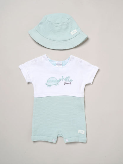 Rock-A-Bye Baby Boutique Green Turtle Printed Romper And Reversible Hat Outfit Set image 1