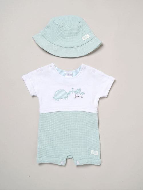 Rock-A-Bye Baby Boutique Green Turtle Printed Romper And Reversible Hat Outfit Set image 1