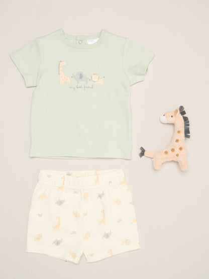 Rock-A-Bye Baby Boutique Green Dinosaur Print T-Shirt, Shorts And Plush Toy Set Outfit Set image 1