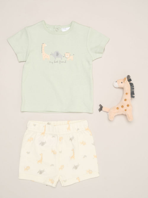 Dsiney Kidz - Rock-A-Bye Baby Boutique Green Dinosaur Print T-Shirt, Shorts And Plush Toy Set Outfit Set image 1