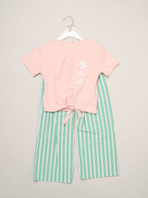 Dsiney Kidz - Miss Pink Flower Market Tie-Front Tee & Seersucker Stripe Trousers Set image 1