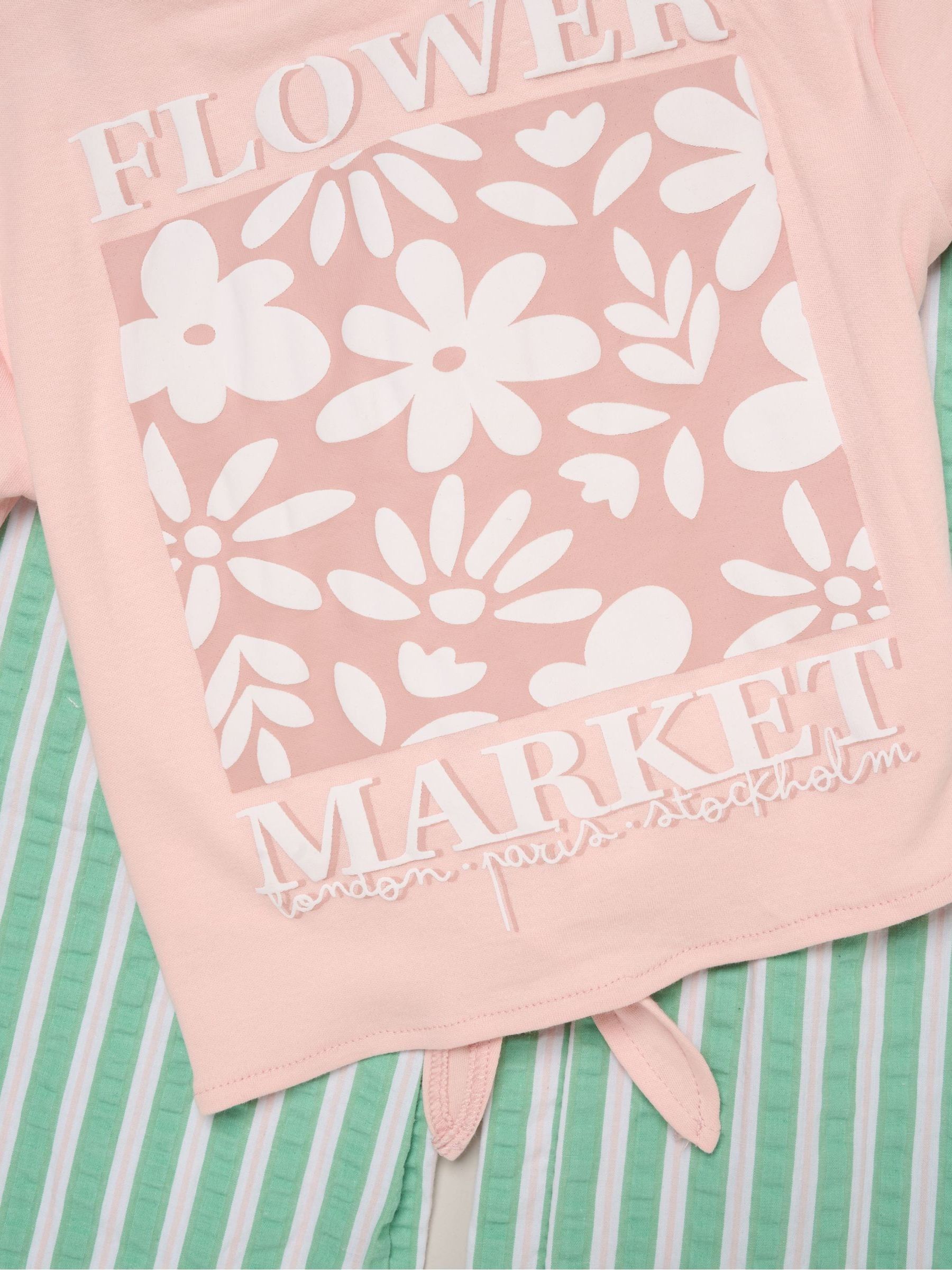 Miss Pink Flower Market Tie-Front Tee & Seersucker Stripe Trousers Set image 2