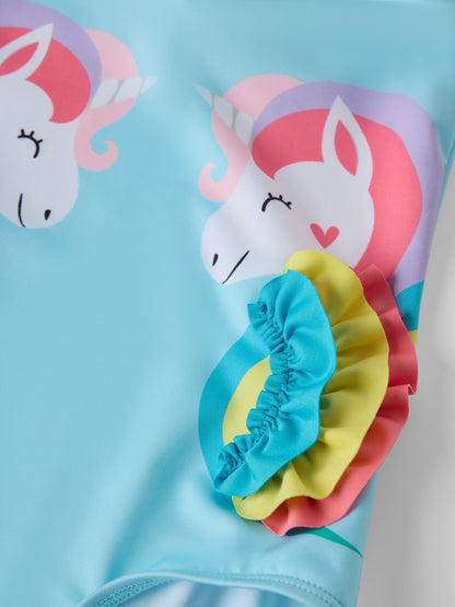 Polarn O. Pyret Blue Unicorn Print Frill Swimsuit image 2