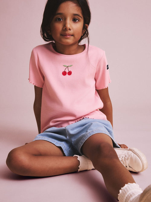 Polarn O. Pyret Pink Cherry Print Frill Sleeve T-Shirt image 1