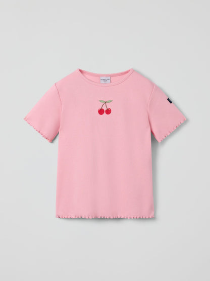 Polarn O. Pyret Pink Cherry Print Frill Sleeve T-Shirt image 2