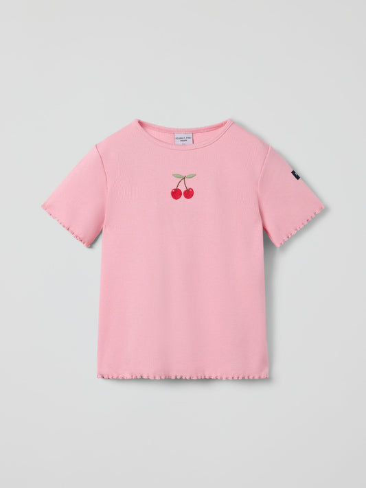 Polarn O. Pyret Pink Cherry Print Frill Sleeve T-Shirt image 2