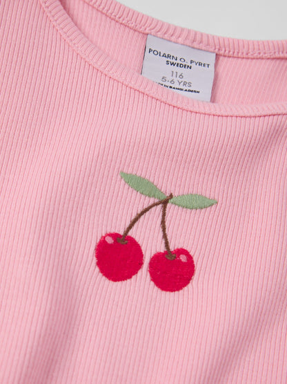 Polarn O. Pyret Pink Cherry Print Frill Sleeve T-Shirt image 3