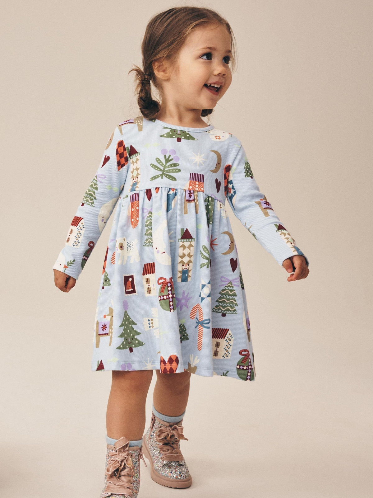 Dsiney Kidz - Blue Long Sleeve Christmas Ribbed Dress (3mths-7yrs) image 1