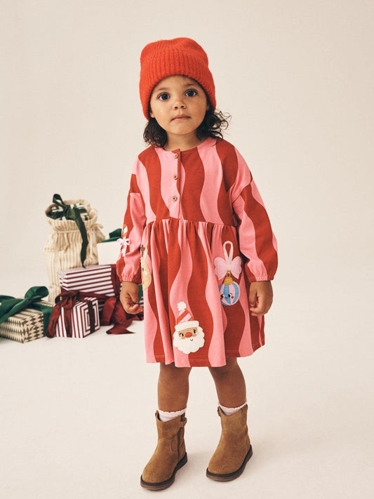 Pink Christmas Reindeer Santa Long Sleeve Button Dress (3mths-7yrs) - image 1