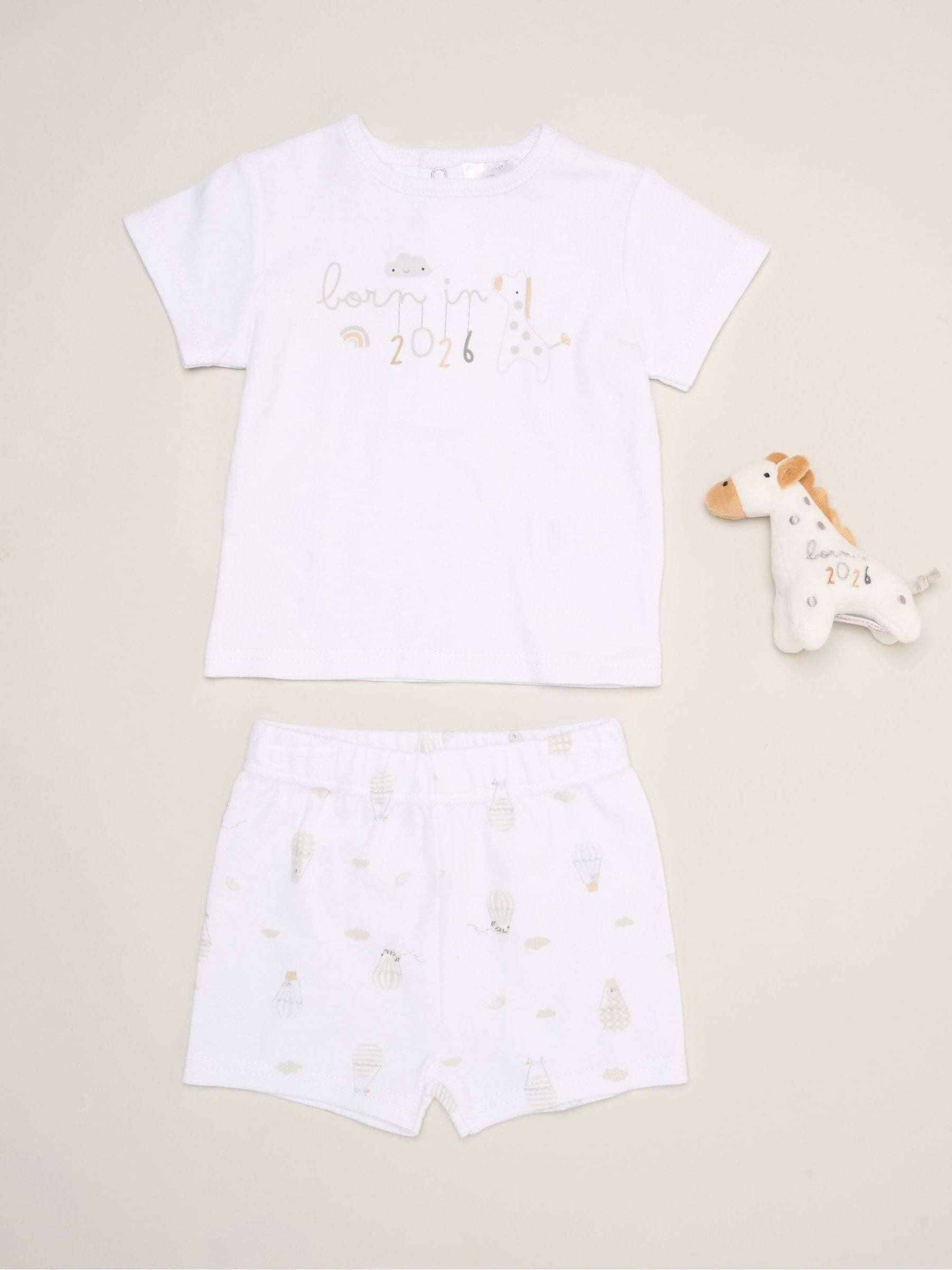 Rock-A-Bye Baby Boutique White - Born in 2026 Print T-Shirt, Shorts And Plush Toy Outfit Set image 1