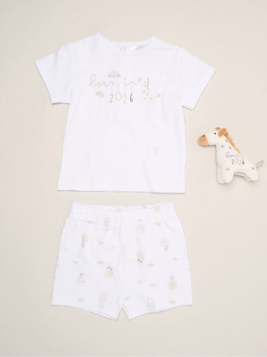 Rock-A-Bye Baby Boutique White - Born in 2026 Print T-Shirt, Shorts And Plush Toy Outfit Set image 1