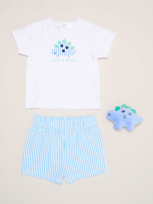 Dsiney Kidz - Rock-A-Bye Baby Boutique Blue Dinosaur Print T-Shirt, Shorts And Plush Toy Set Outfit Set image 1