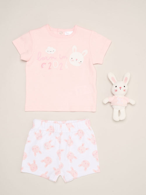 Rock-A-Bye Baby Boutique Pink - Bunny Print T-Shirt, Shorts And Plush Toy Outfit Set image 1