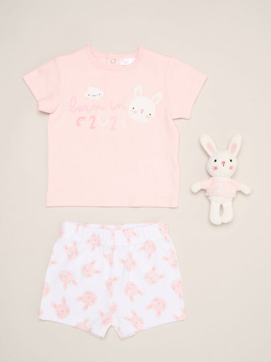 Rock-A-Bye Baby Boutique Pink - Bunny Print T-Shirt, Shorts And Plush Toy Outfit Set image 1