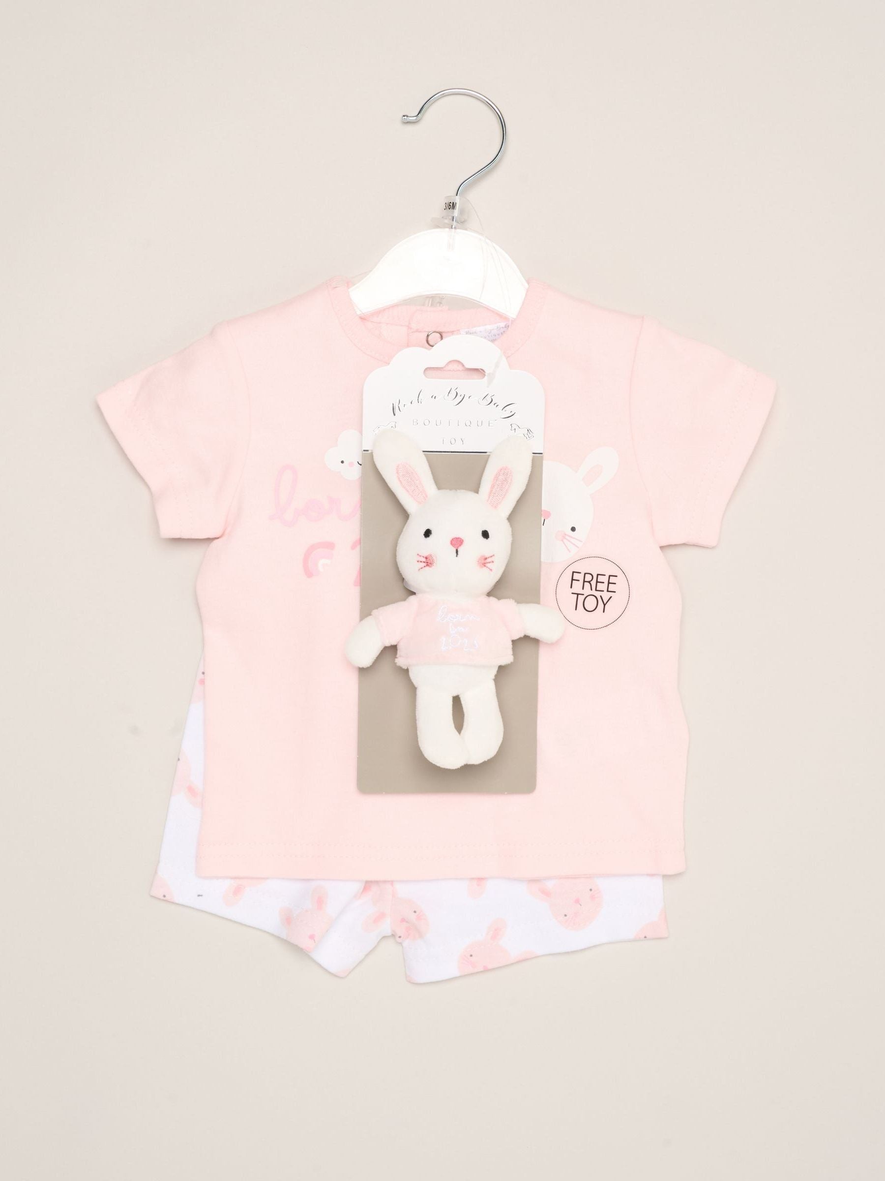 Rock-A-Bye Baby Boutique Pink - Bunny Print T-Shirt, Shorts And Plush Toy Outfit Set image 2
