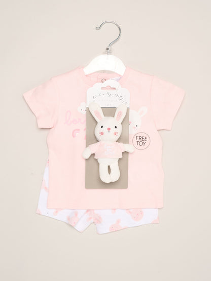 Rock-A-Bye Baby Boutique Pink - Bunny Print T-Shirt, Shorts And Plush Toy Outfit Set image 2