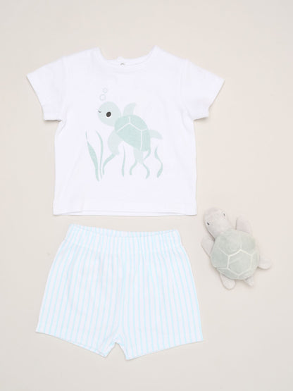Rock-A-Bye Baby Boutique White Shell Dinosaur Print T-Shirt, Shorts And Plush Toy Set Outfit Set image 1