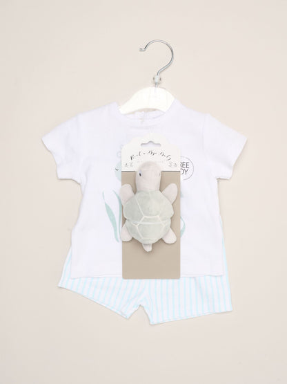 Rock-A-Bye Baby Boutique White Shell Dinosaur Print T-Shirt, Shorts And Plush Toy Set Outfit Set image 2