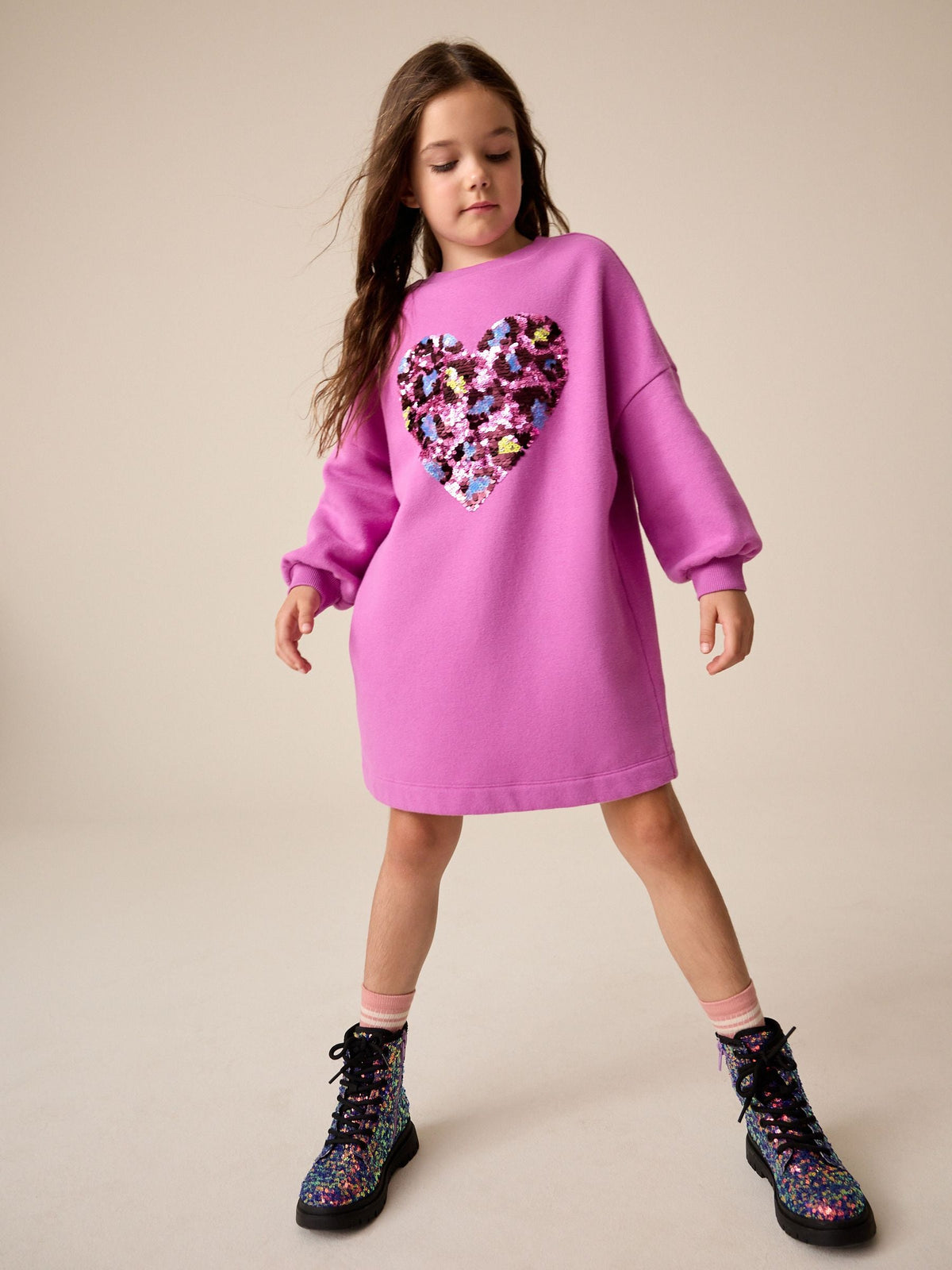 Dsiney Kidz - Bright Pink Long Sleeve Sequin Jumper Dress (3-16yrs) image 1