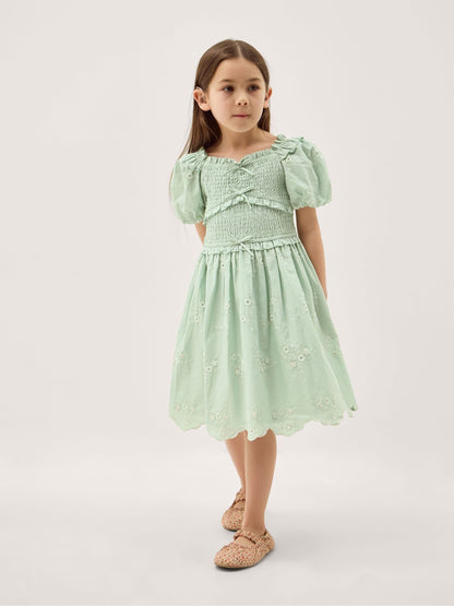 Monsoon Green Embroidered Puff Sleeve Smocked Dress image 1