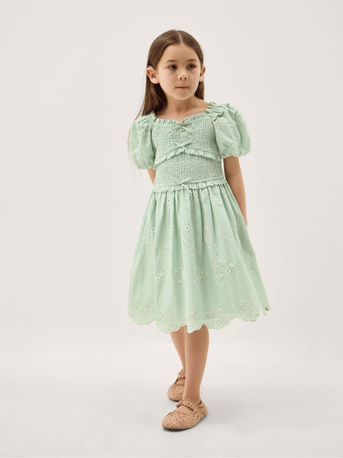 Monsoon Green Embroidered Puff Sleeve Smocked Dress image 1