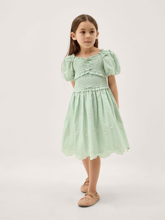 Monsoon Green Embroidered Puff Sleeve Smocked Dress image 1
