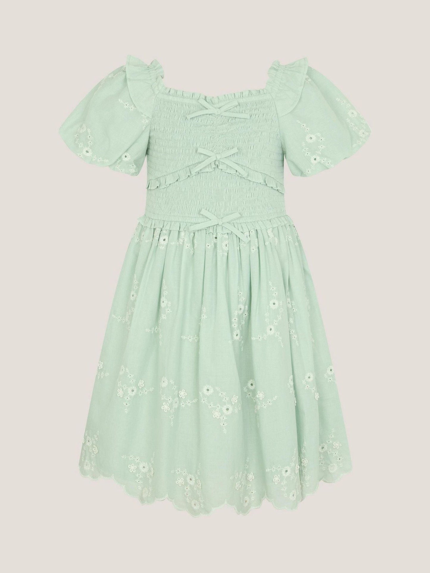 Monsoon Green Embroidered Puff Sleeve Smocked Dress image 2