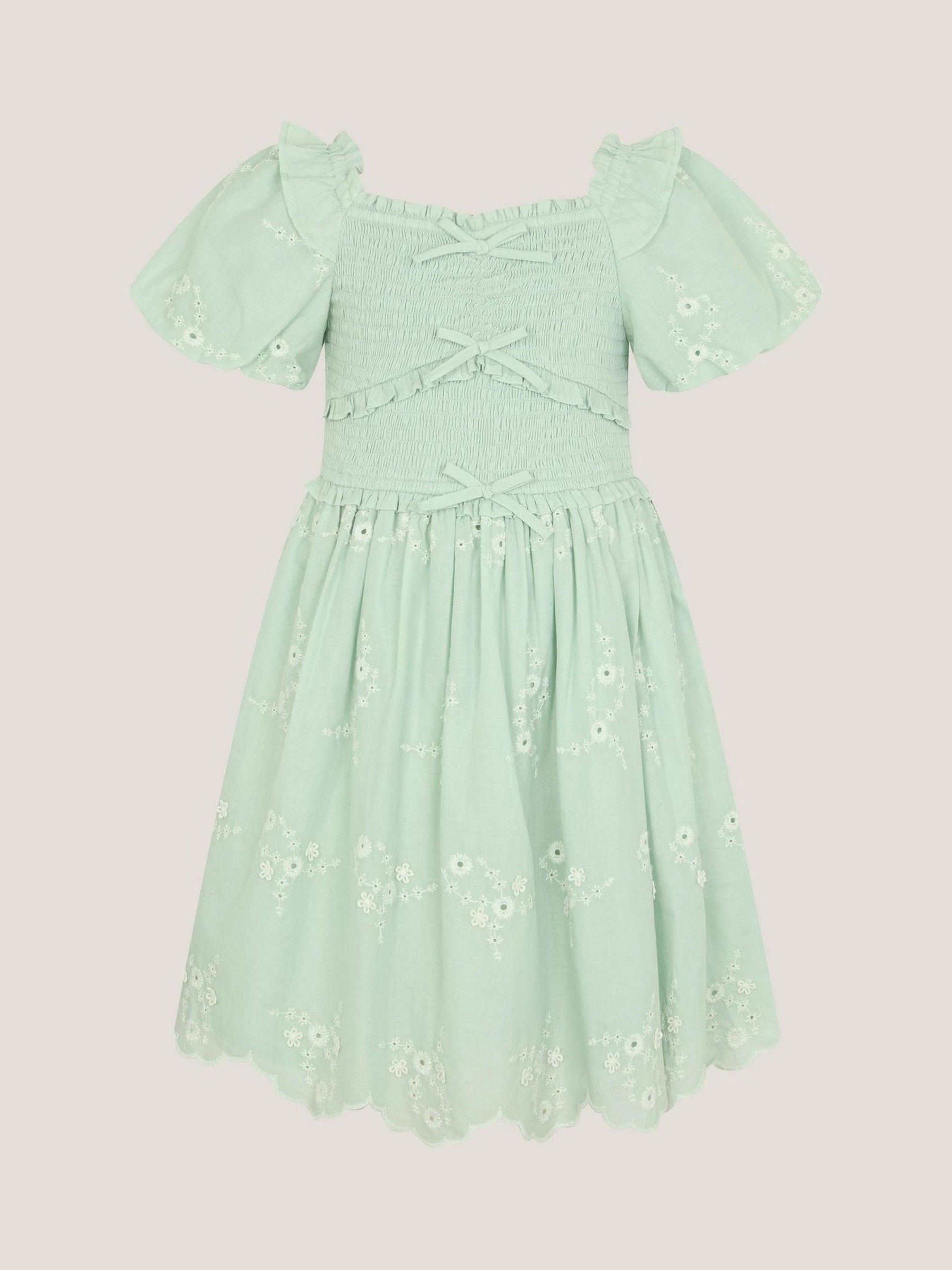 Monsoon Green Embroidered Puff Sleeve Smocked Dress image 2