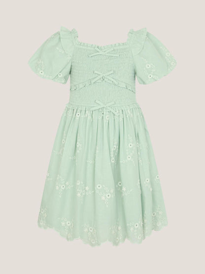 Monsoon Green Embroidered Puff Sleeve Smocked Dress image 2