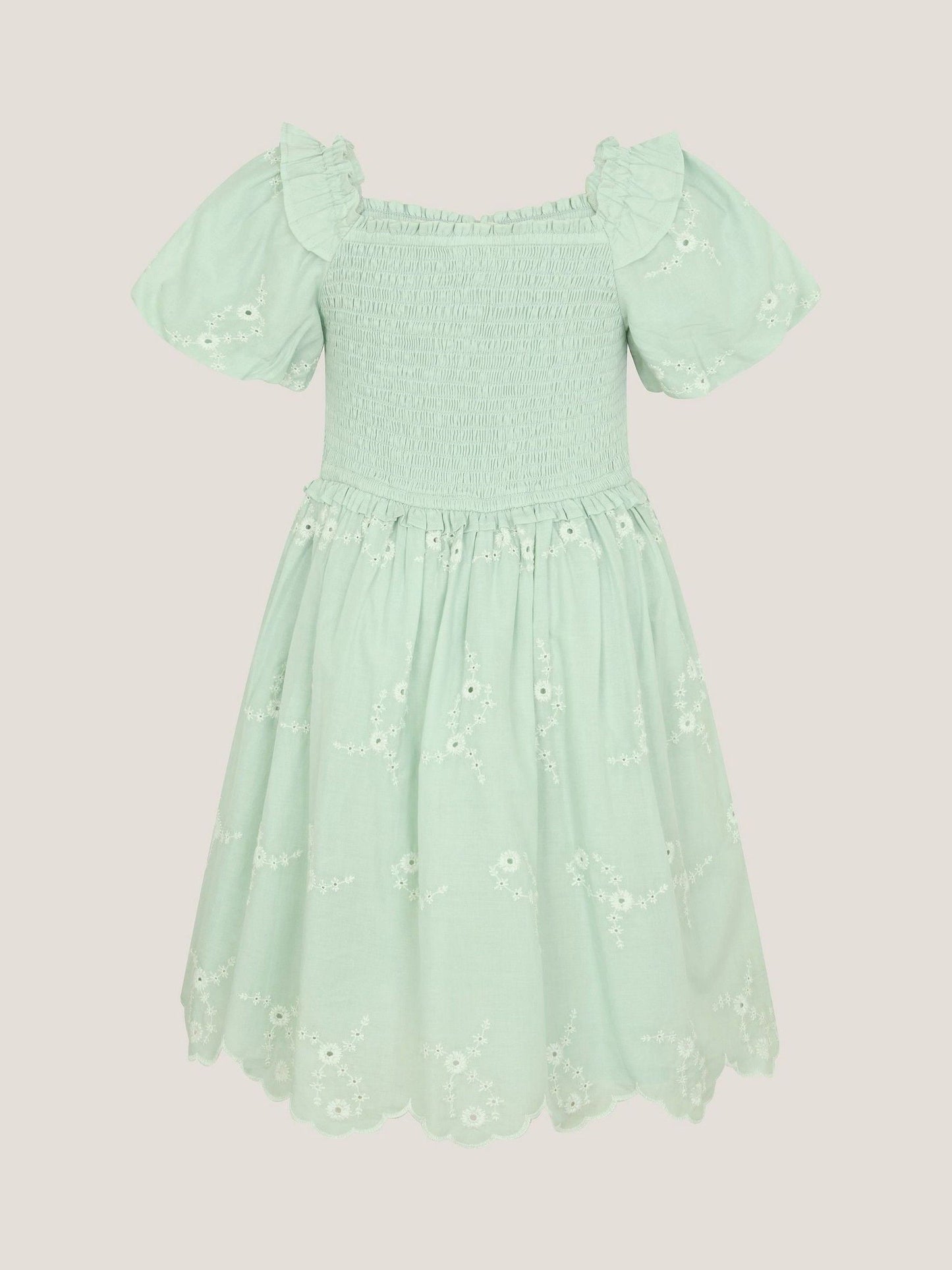 Monsoon Green Embroidered Puff Sleeve Smocked Dress image 3
