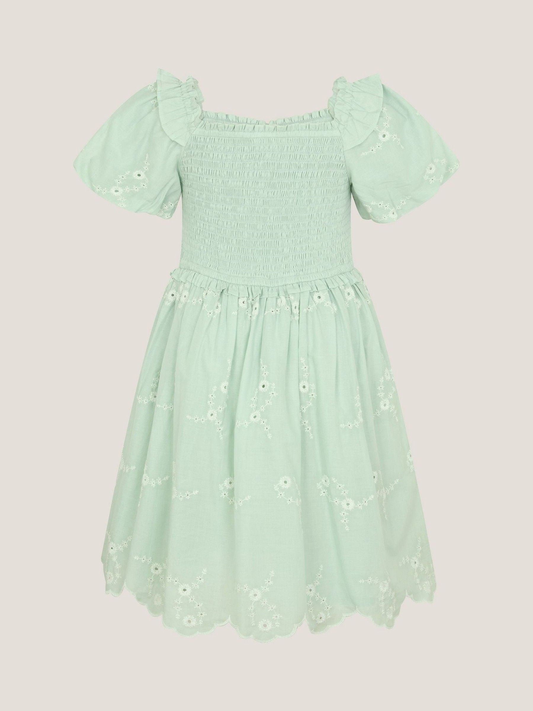 Monsoon Green Embroidered Puff Sleeve Smocked Dress image 3