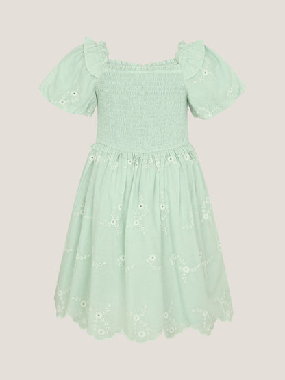 Monsoon Green Embroidered Puff Sleeve Smocked Dress image 3