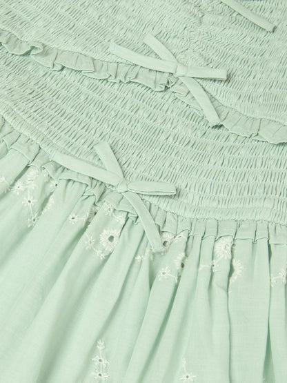 Monsoon Green Embroidered Puff Sleeve Smocked Dress image 4