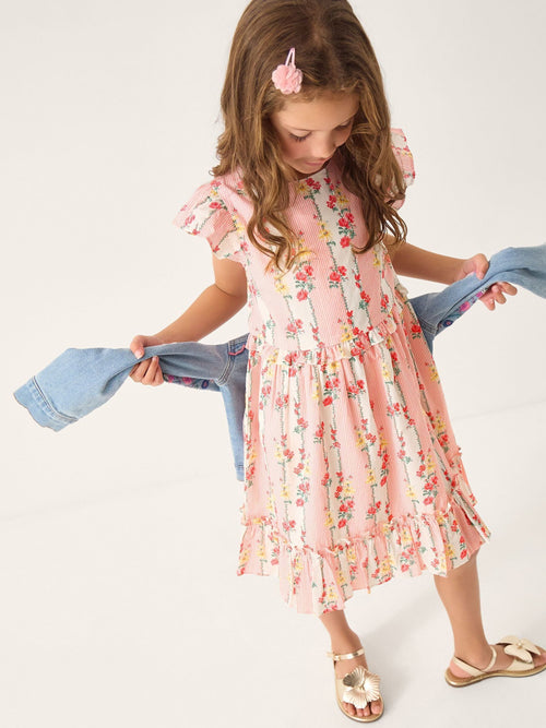 Monsoon Pink Frilly Floral Stripe Print Dress image 1