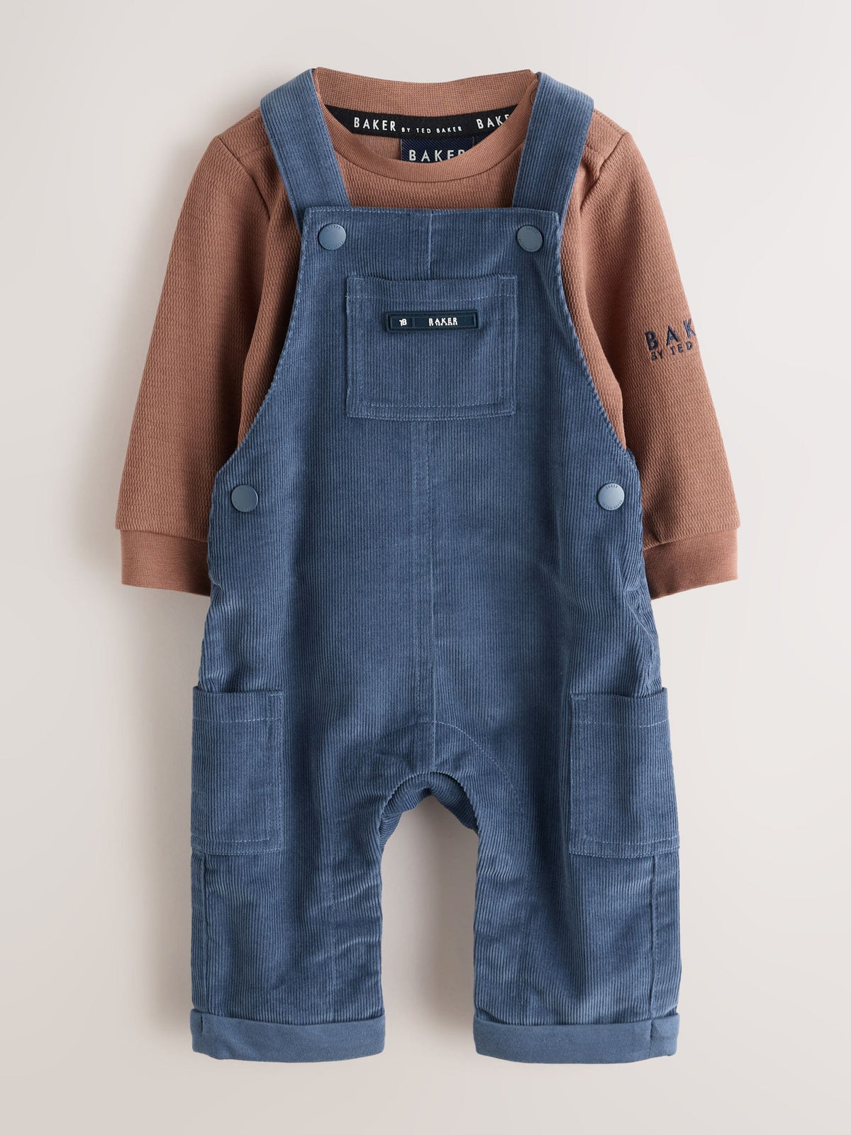 Baker by Ted Baker Blue/Brown 2 Piece Cord Dungaree and Brown Textured T-Shirts Set - image 1