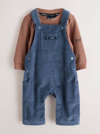 Baker by Ted Baker Blue/Brown 2 Piece Cord Dungaree and Brown Textured T-Shirts Set - image 1