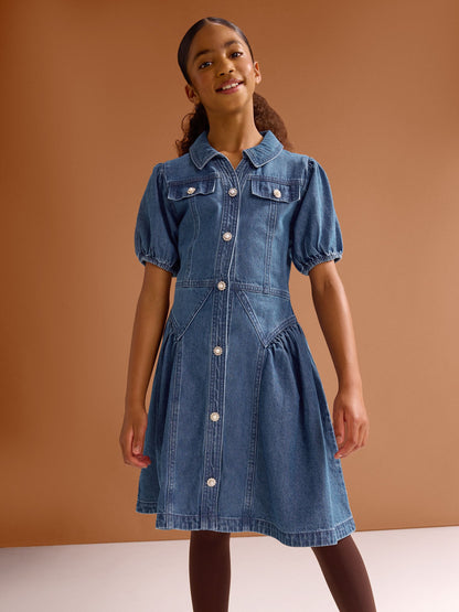 Dsiney Kidz - Lipsy Blue Denim Puff Sleeve Diamante Dress (5-16yrs) image 1