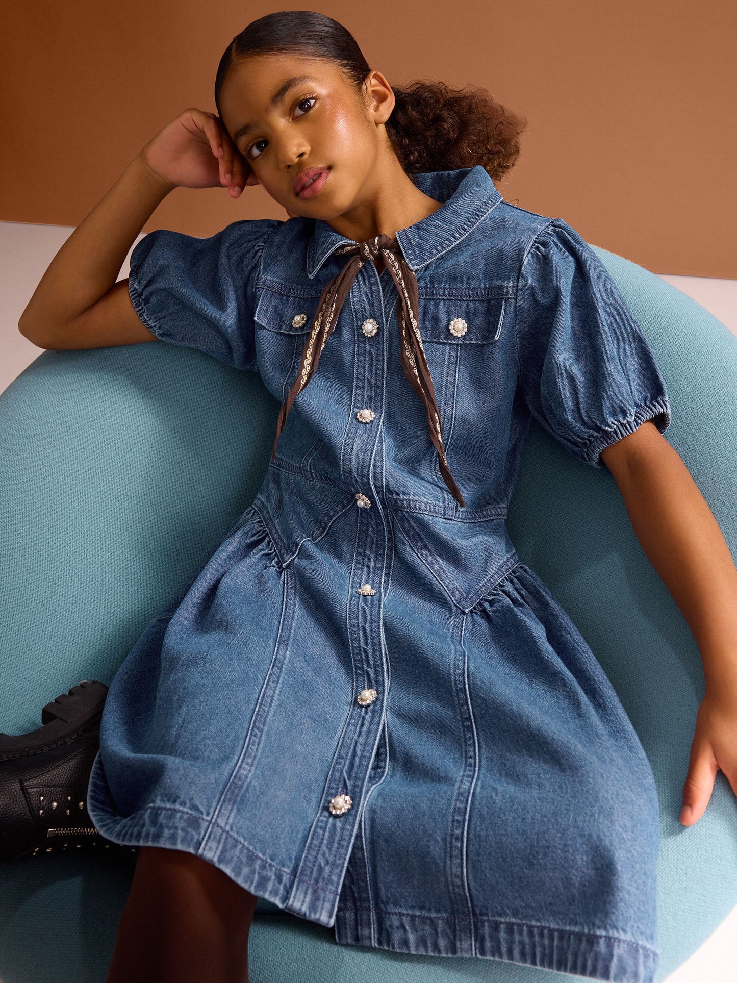 Dsiney Kidz - Lipsy Blue Denim Puff Sleeve Diamante Dress (5-16yrs) image 2